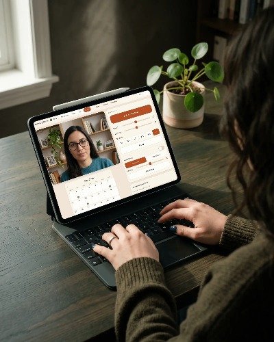 A practitioner using Fallowing on a tablet during a remote session — the client's video on the left and EMDR bilateral-stimulation controls on the right.
